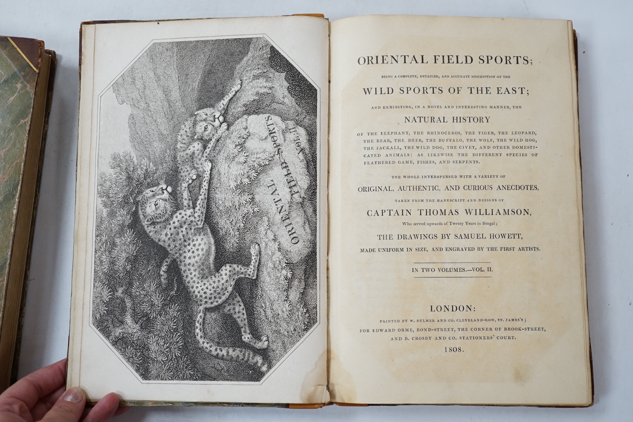 Williamson, Captain Thomas - Oriental Field Sports; Being a complete, detailed, and accurate description of the Wild Sports of the East, 2 vols. additional engraved titles, 40 uncoloured aquatint plates after Samuel Howe